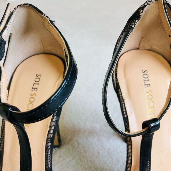 Sole Society Black Lace So Nicola Pointed Toe T-Strap Stiletto Pump - Picture 7 of 16